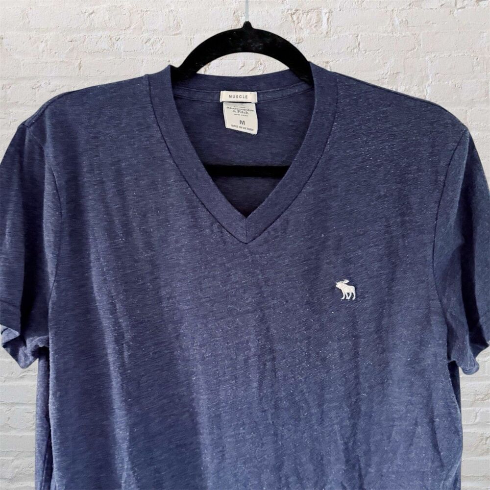 Abercrombie Fitch Muscle T Shirt Men M Blue Heather Y2K V Neck Moose Logo Medium
